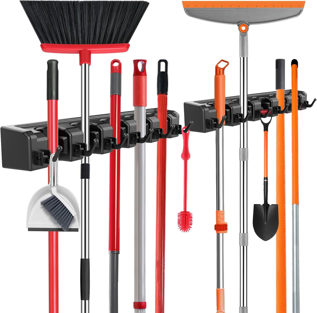 Nacena Broom Holder Wall Mount - 2 Pack Organizer with 5 Ball Slots & 6 Hooks | Black