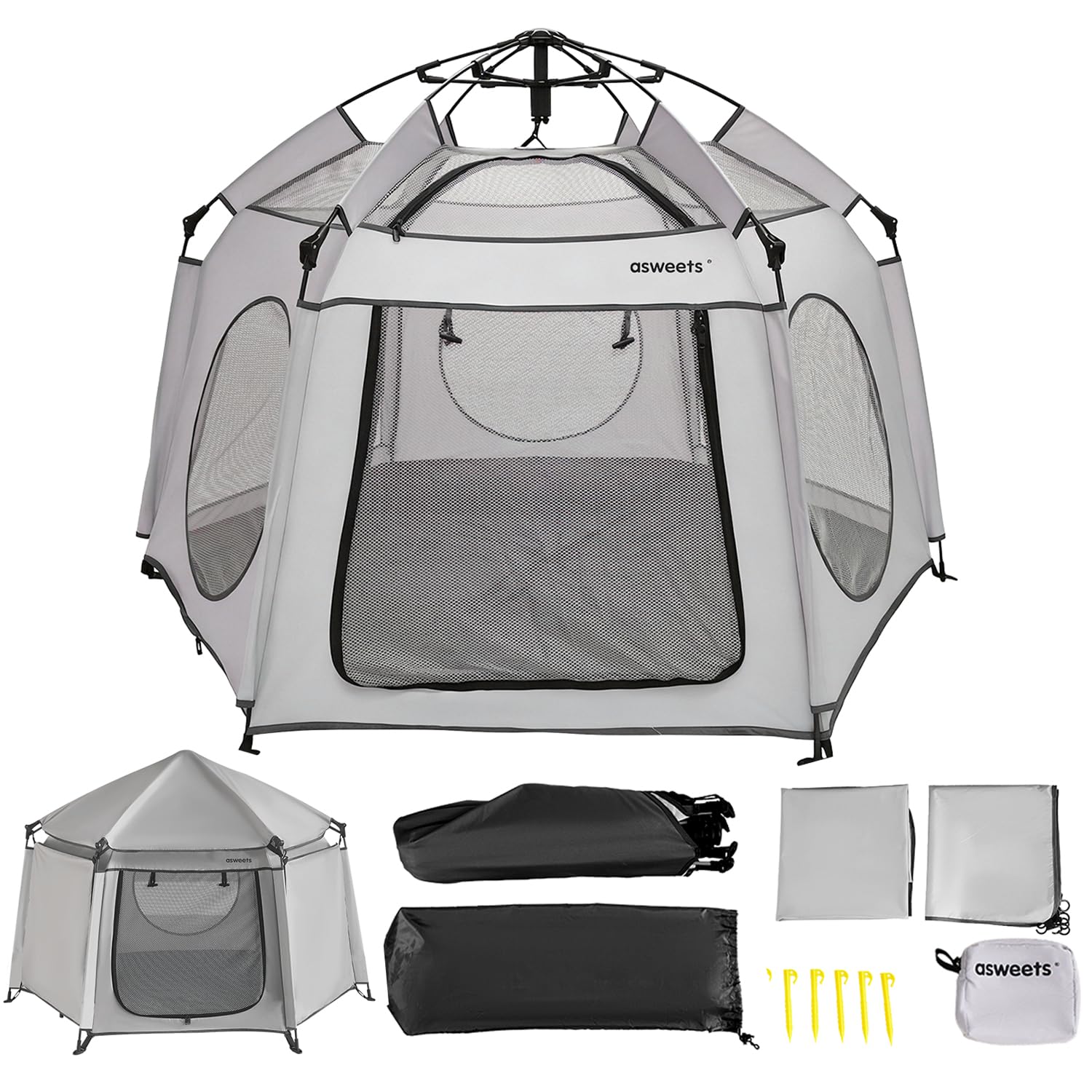 Asweets 4 in 1 Pop Up Playpen Indoor and Outdoor Portable, Lightweight Baby Playpen with Travel Bag,Baby Beach Tent and Play Toddler Play Yard Canopy(Light Grey)