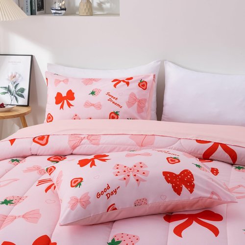 A Nice Night Red Bow Comforter Set,6 Piece Bed in a Bag Matching Sheet Set,Cute Ribbon Bowknot Bedding Sets,Princess Style Strawberry Printed,Light Pink Room Decor for Girls,Twin