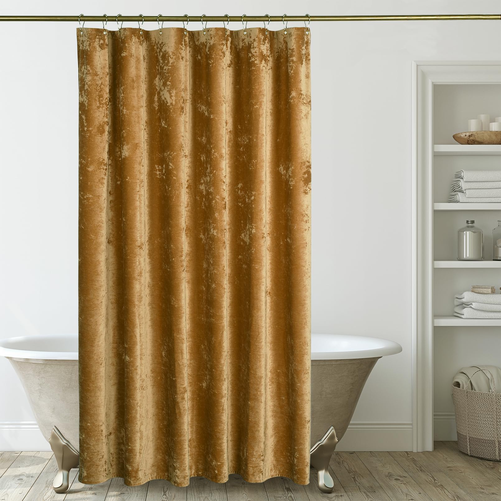 TAMGHO Mustard Gold Shower Curtain for Bathroom, Crushed Velvet Dark Mustard Yellow Shower Curtain with Gold Decro Metal Hooks, Machine Washable Thick Fabric, 72 x 72 inches