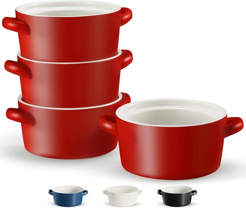 Kook Soup Crocks - Stackable Ceramic Bowls | Oven, Microwave & Dishwasher Safe - 18 oz, Set of 4 (Matte Red)