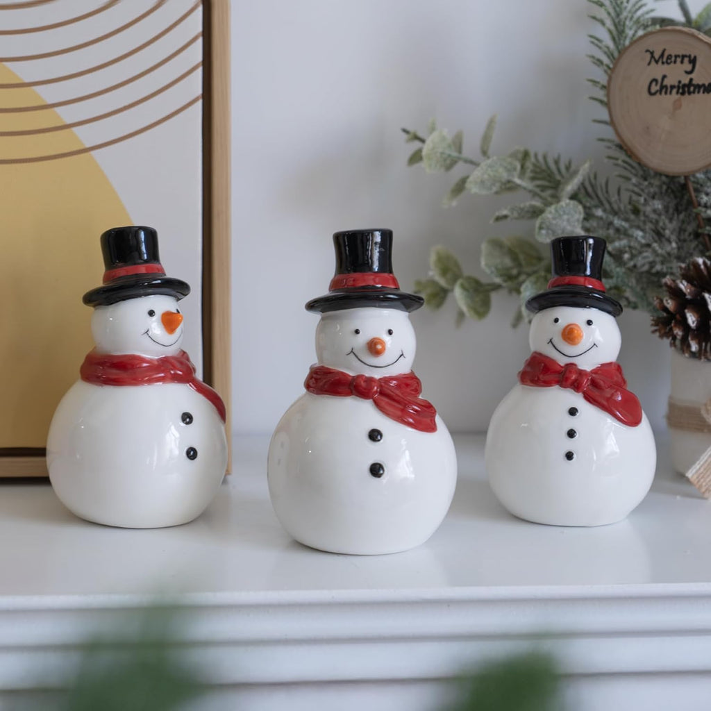 Nerosun Christmas Snowman Figurines - 3 Pack LED Lighted Ceramic Tabletop Ornaments for Winter Decor