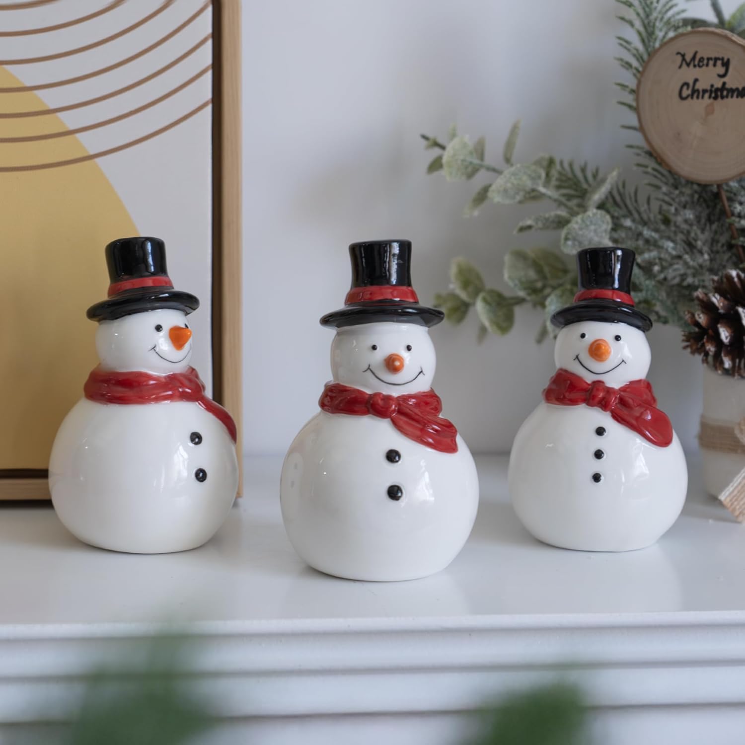 Nerosun Christmas Snowman Figurines - 3 Pack LED Lighted Ceramic Tabletop Ornaments for Winter Decor