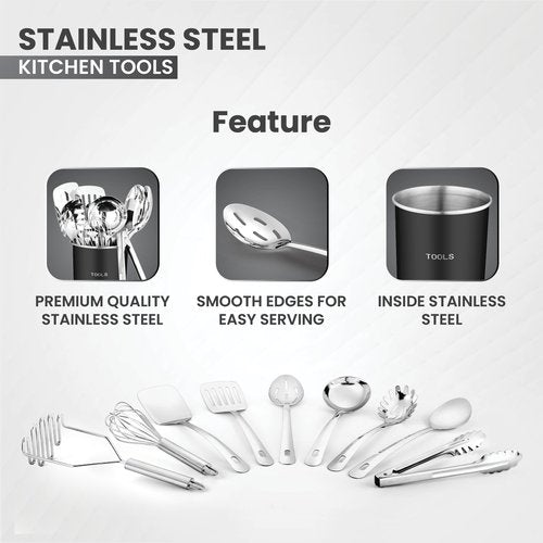 Avador® Premium Set of 10 Stainless Steel (BLACK HOLDER) Kitchen Tool Set with Holder Easy To Clean, Space Saving, Great for Cooking, Baking, Prepping (BLACK)