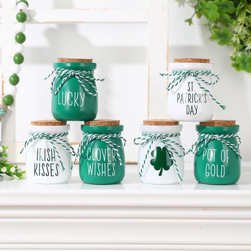 FunouHome St. Patrick's Day Decorations - 6PCS Mini Glass Jars - Farmhouse St. Patrick's Day Decor for Home, Kitchen, Table, Fireplace Mantel