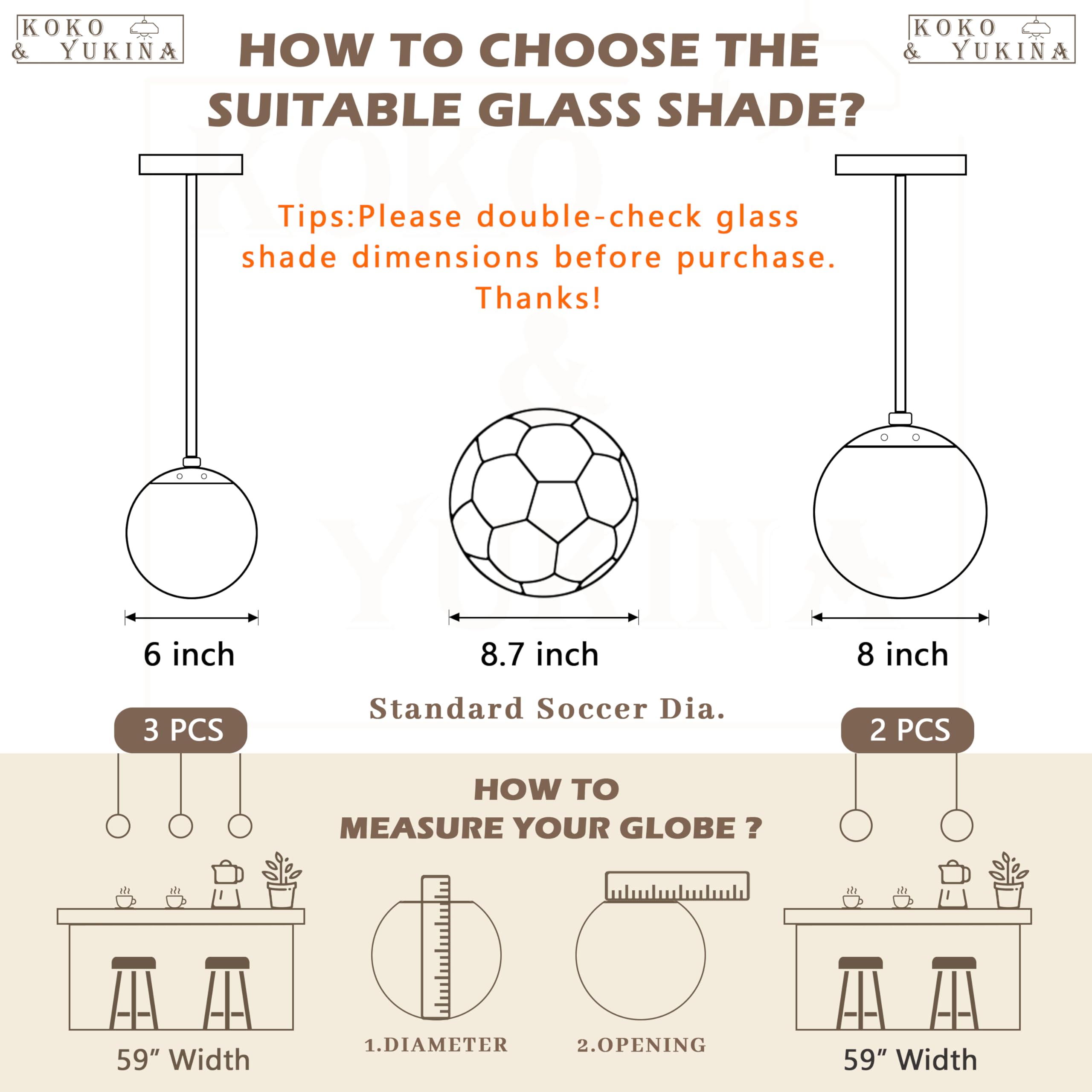 KoKo&Yukina 6 Inch Milk White Glass Globes Shade Frosted Replacement Glass Shades - 2.67" Fitter Opening - Lighting Fixture Replacement