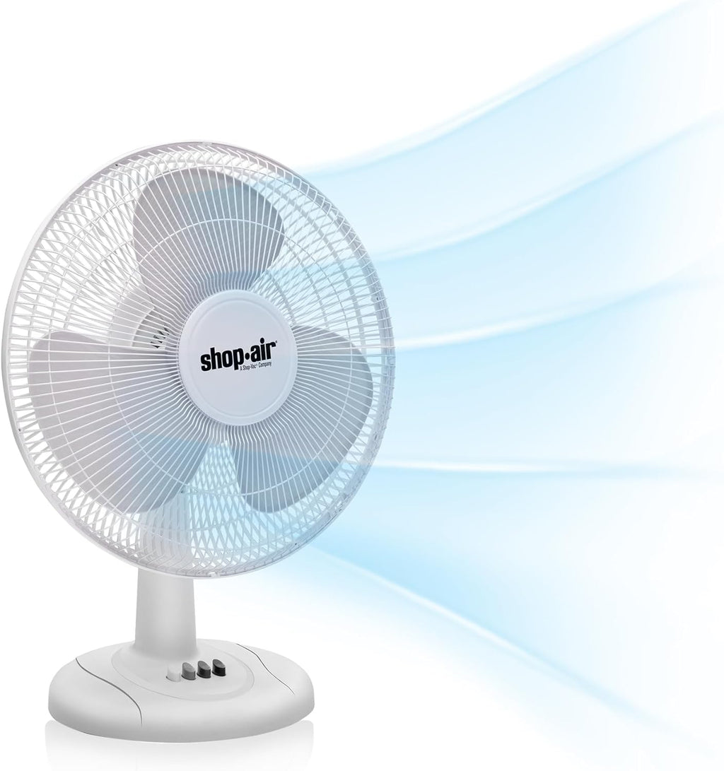 Shop-Air 12" Oscillating Table Fan - High-Velocity, Quiet Air Circulation | 3 Speeds, 70° Adjustable Head, White