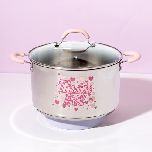 Paris Hilton Stainless Steel Stock Pot with Iconic Color Changing "That's Hot" Heat Indicator Decal, Features Soft Grip Handles and Measure Marks, 8-Quart, Pink