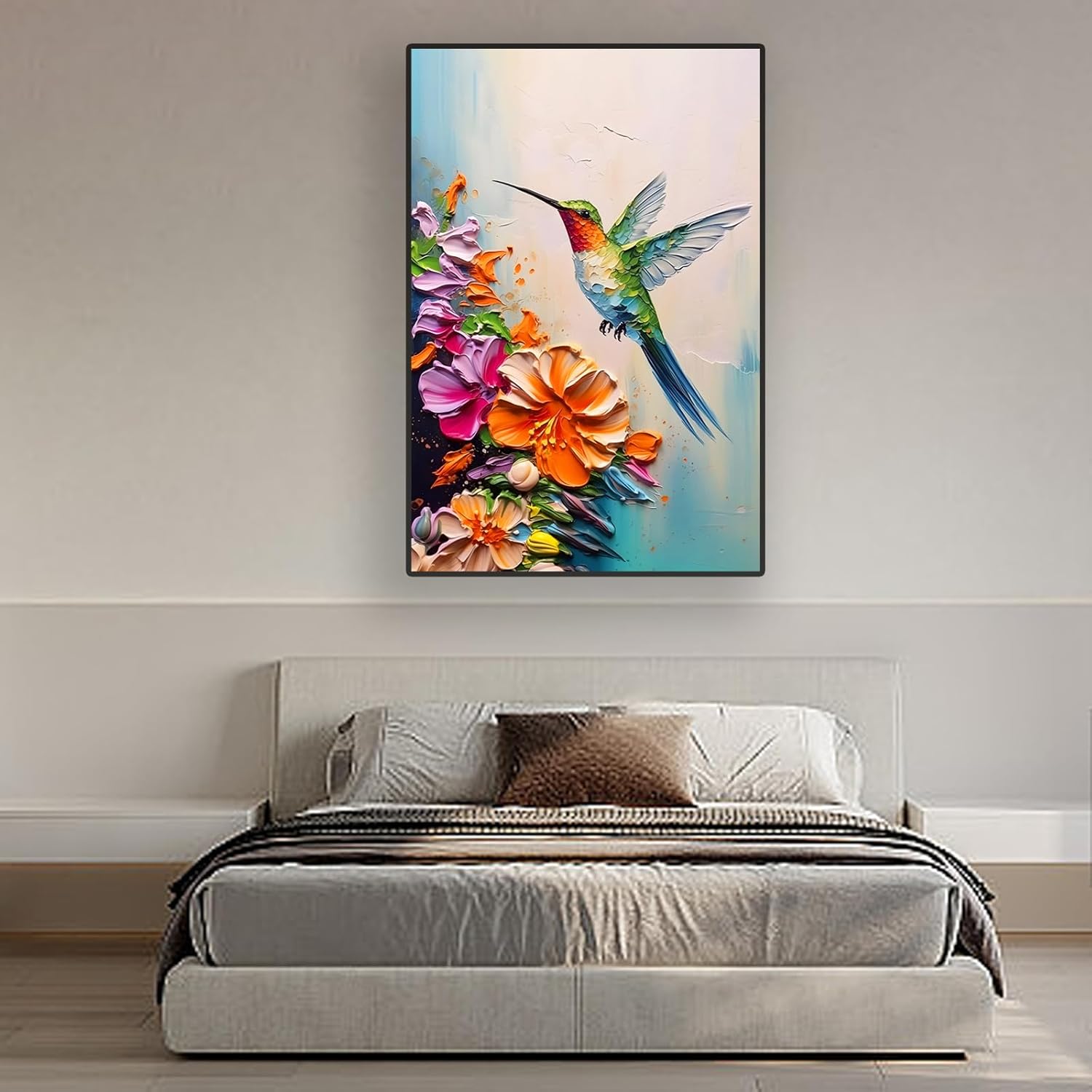 Skiennix Hummingbird Wall Art - Colorful 2D Canvas Print with Spring Flowers | 16x24 in Stretched Frame