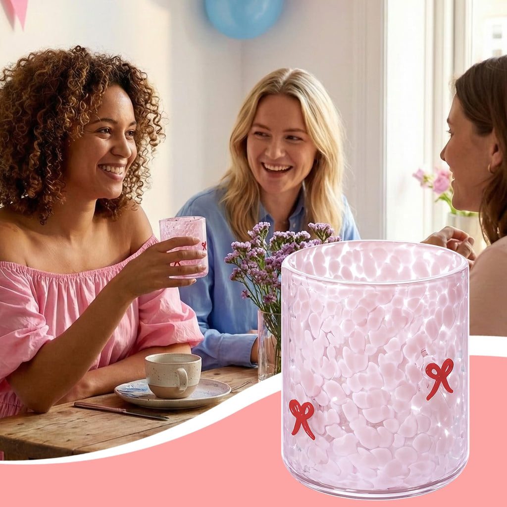 Ovveroche 2 Pcs Pink Bow Icon Juice Glass 14 oz Bow Reusable Stemless Icon Drinking Glasses Cups for Birthday Wedding Party Supplies Gift