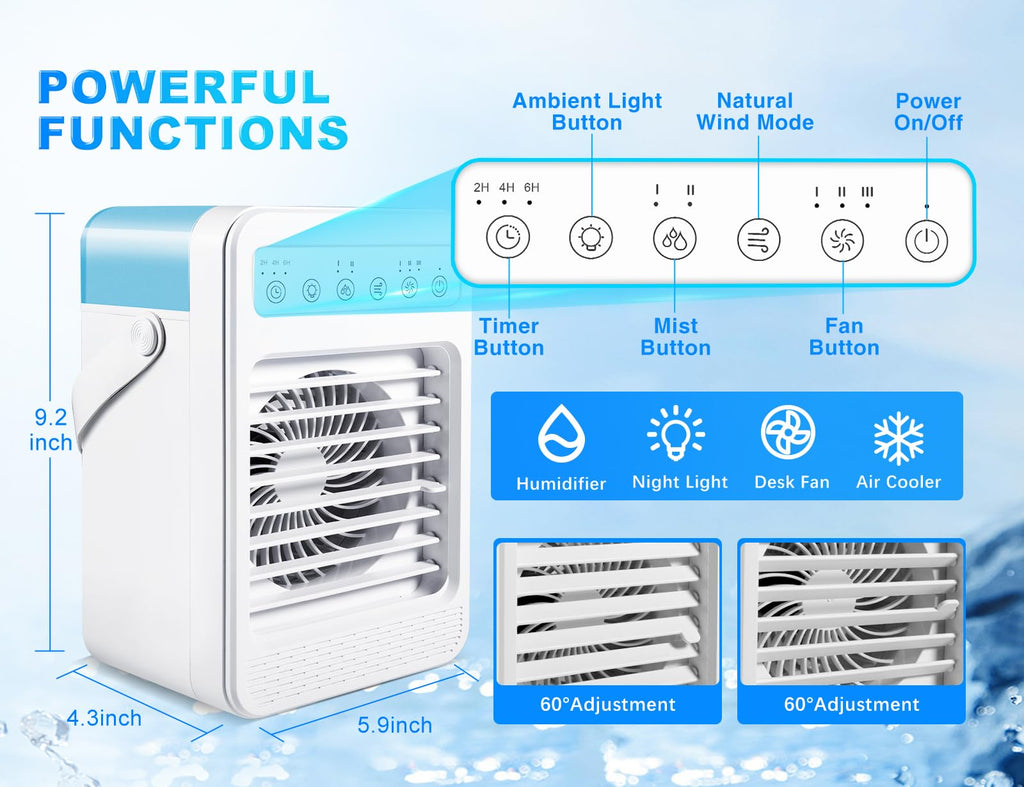 Portable Air Conditioners - Evaporative Air Cooler & Humidifier Combo | 4 Speeds, 7 Colors Light, 2/4/6H Timing | Quiet Personal Air Conditioner Fan for Room, Office