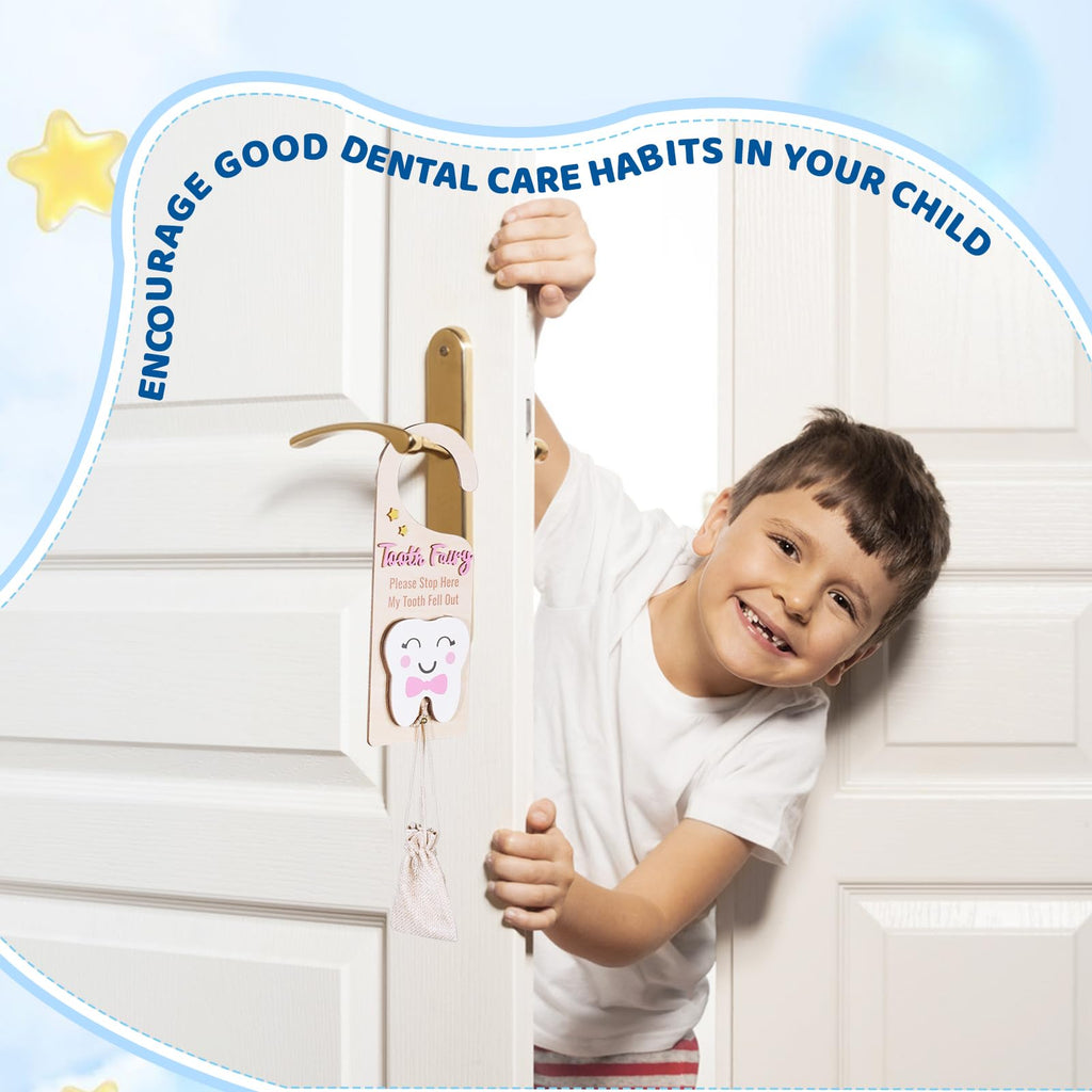 Lummitwit Tooth Fairy Door Hanging Tooth Fairy Storage Bag One Tooth Fairy Coin Keepsake Wooden Tooth Holder with Money Slot to Commemorate Your Child's First Lost Tooth, Tooth Fairy Gift (Pink)