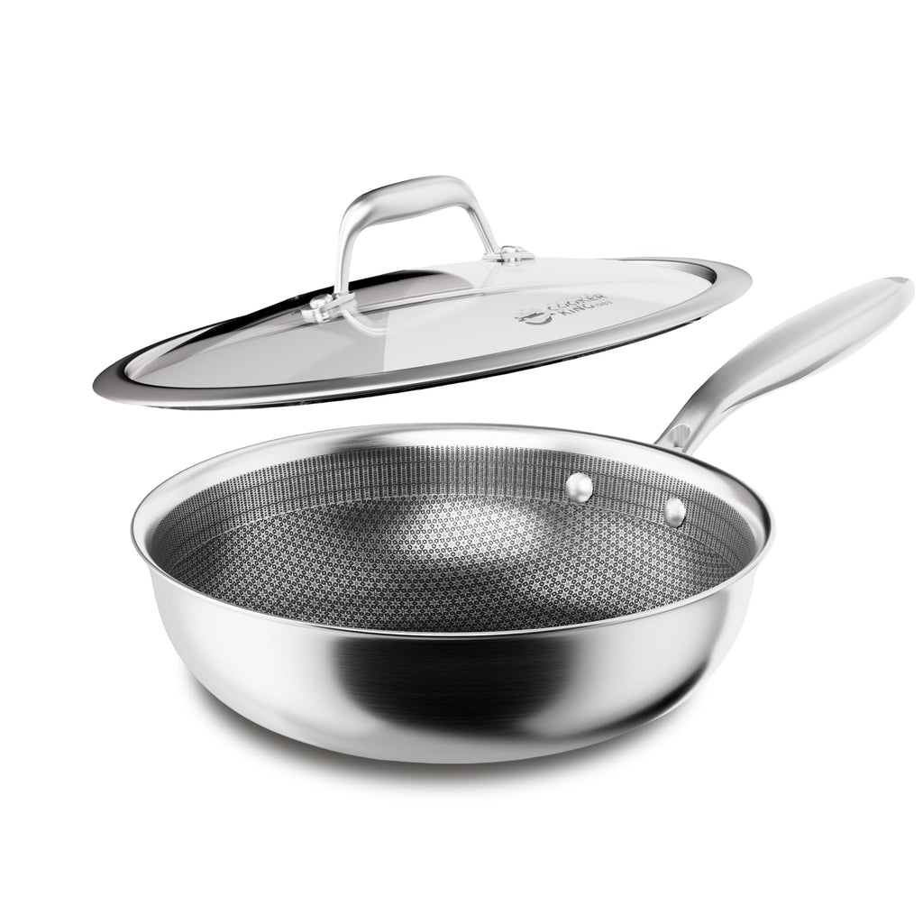 COOKER KING 10-Inch Hybrid Stainless Steel Wok with Lid, Nonstick Stir Fry Pan & Deep Frying Pan, Tri-Ply Clad Honeycomb Everyday Pan, Induction Ready, Oven & Dishwasher Safe, PFOA Free