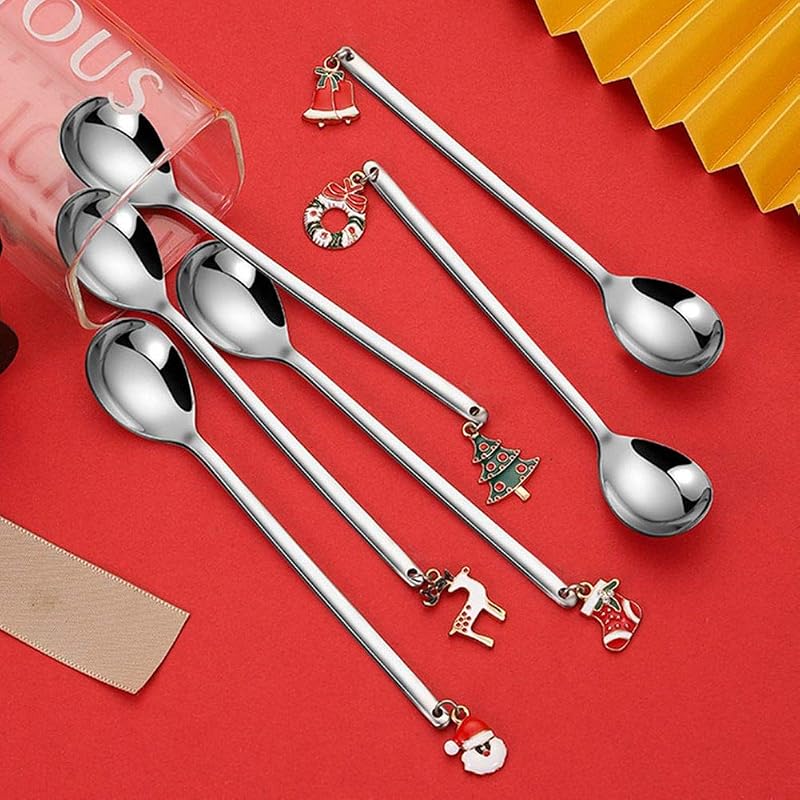 Christmas Spoons 6-Piece Stainless Steel Coffee Spoons with Xmas Pendant - Silver