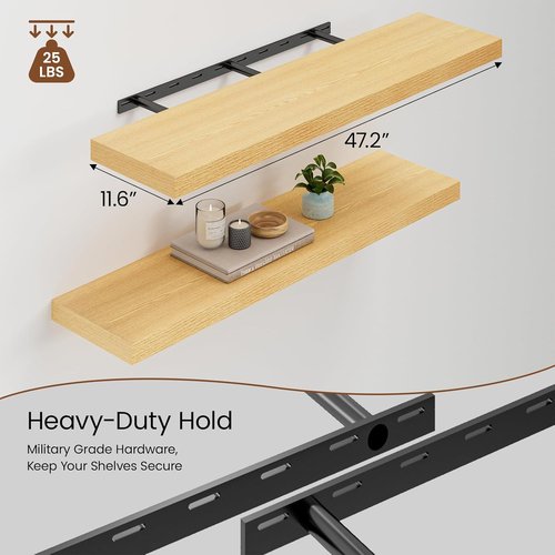Heimlove Floating Shelves - 48W x 12D Long Wood Shelves for Bedroom, Living Room & Kitchen | Set of 2, Oak