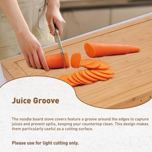 Bamboo Stove Cover for Gas & Electric Burners, 28.82”x20.83”x2.12'' (Inner) Noodle Board with Handles, Cutting Board with Juice Groove, Serving Tray (Natural Bamboo)