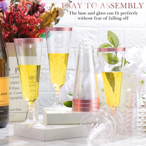 Gerrii 300 Pcs Plastic Champagne Flutes Bulk, 4.5 oz Clear Disposable Champagne Flutes, Rimmed Toasting Glasses for Wedding Birthday Anniversary Celebration Party Wine(Rose Gold Rim)