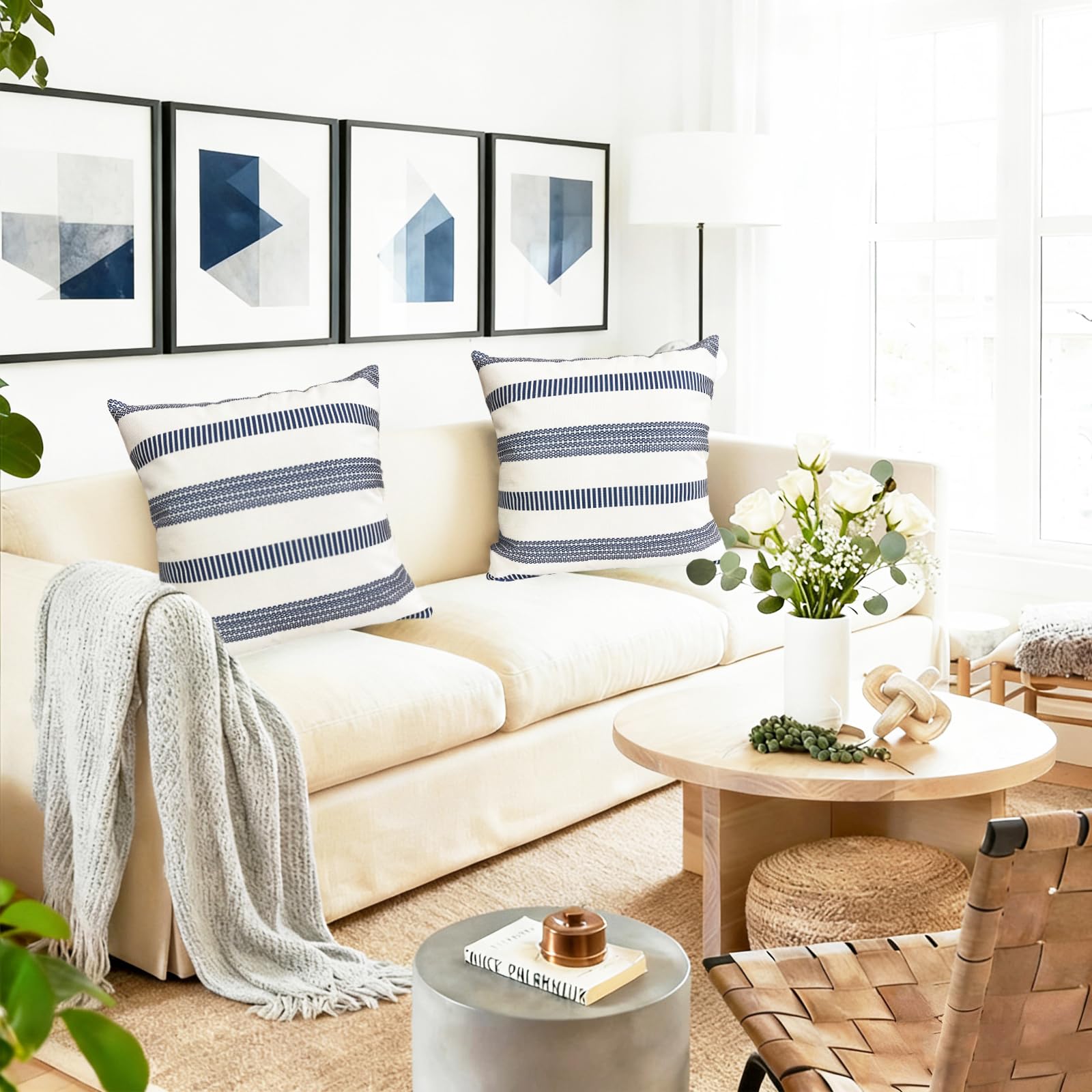 RYSMIYOU Decorative Throw Pillow Covers Set of 2 Blue Boho Striped Pillow Covers 18x18 Inch Throw Pillow Cover Linen Pillowcase Farmhouse Outdoor Pillow Covers for Couch Sofa Bed Living Room