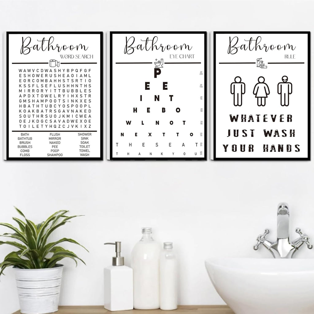 Skiennix Framed Funny Bathroom Wall Art - Black & White Word Search Pee Eye Chart | 12x16 Inches, Set of 3