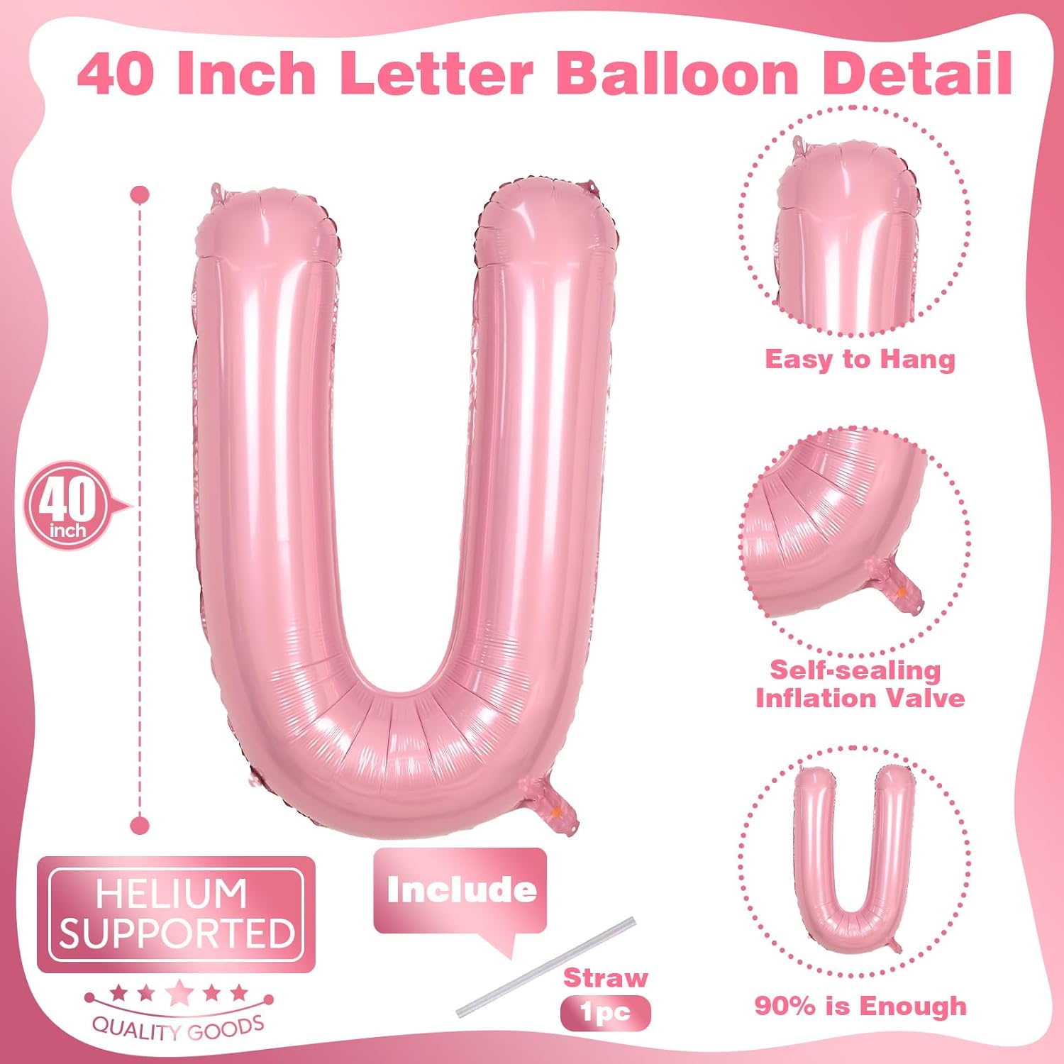Skiennix 40-Inch Pastel Pink Letter Balloon U - Custom Foil Mylar Balloon for Birthday Parties