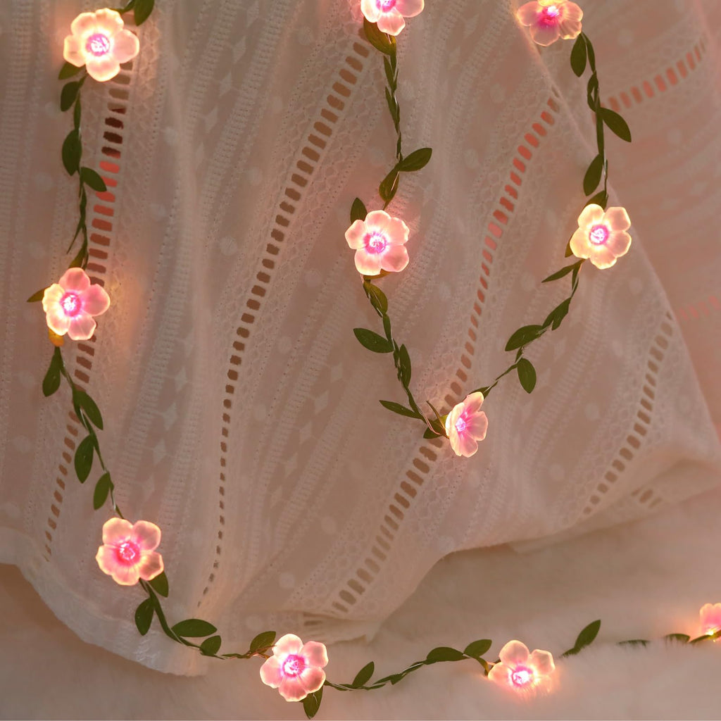 Cherry Blossom Vine Lights 13ft 40 LED Flower String Lights USB Plugin & Battery Operated Fairy Lights with Timer 8 Modes Remote Decorative Light for Graduation Bedroom Wedding Birthday Party Gift