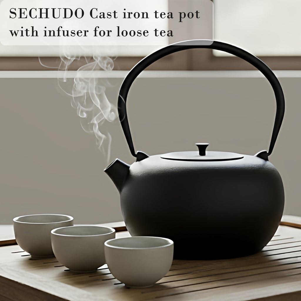 SECHUDO 67.6oz Cast Iron Teapot for Stovetop Safe, Black Chinese Tea Kettle with Stainless Steel Infuser for Loose Leaf, Heavy and Large Tea Pot for Induction Cooker, Teapot Enameled Interior