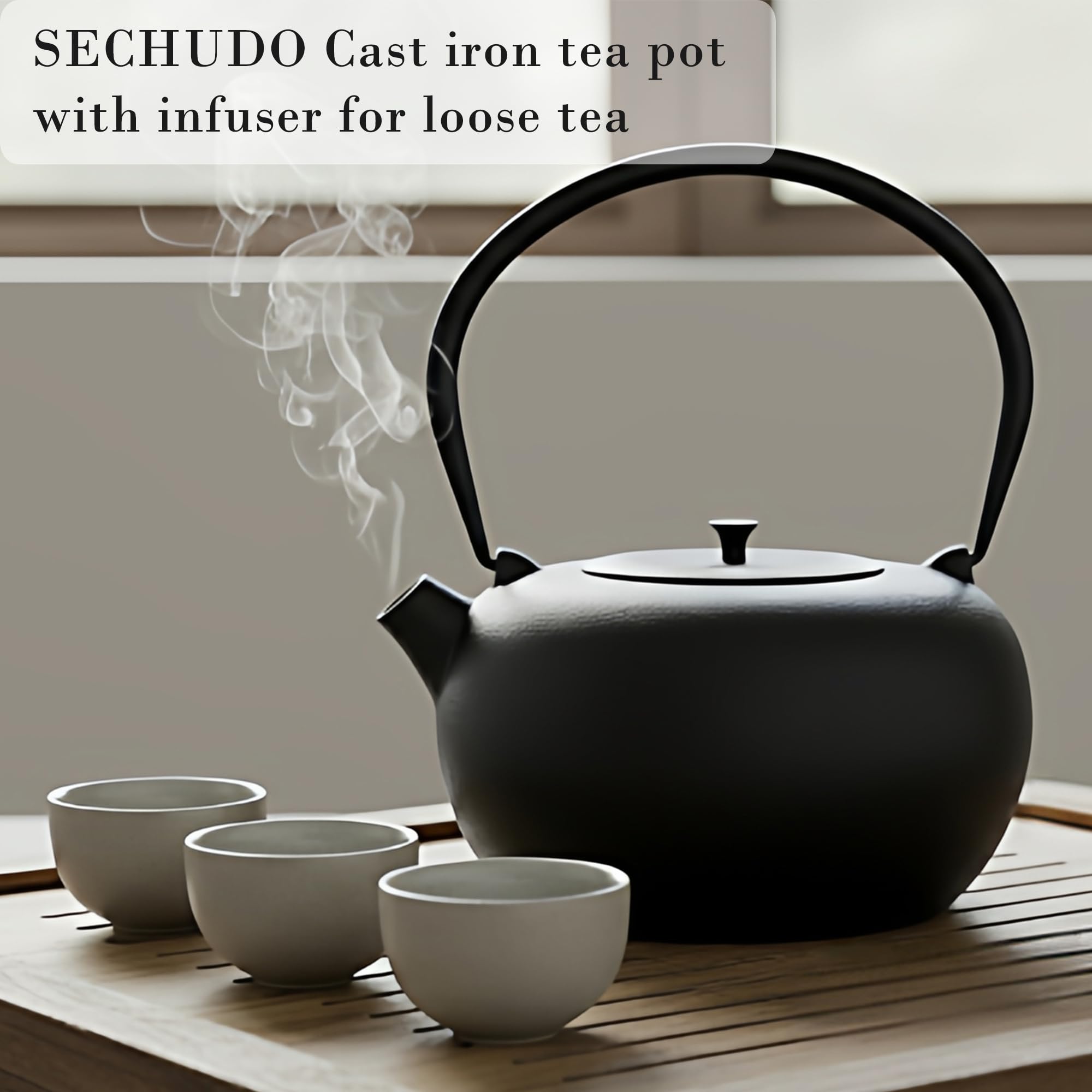 SECHUDO 67.6oz Cast Iron Teapot for Stovetop Safe, Black Chinese Tea Kettle with Stainless Steel Infuser for Loose Leaf, Heavy and Large Tea Pot for Induction Cooker, Teapot Enameled Interior