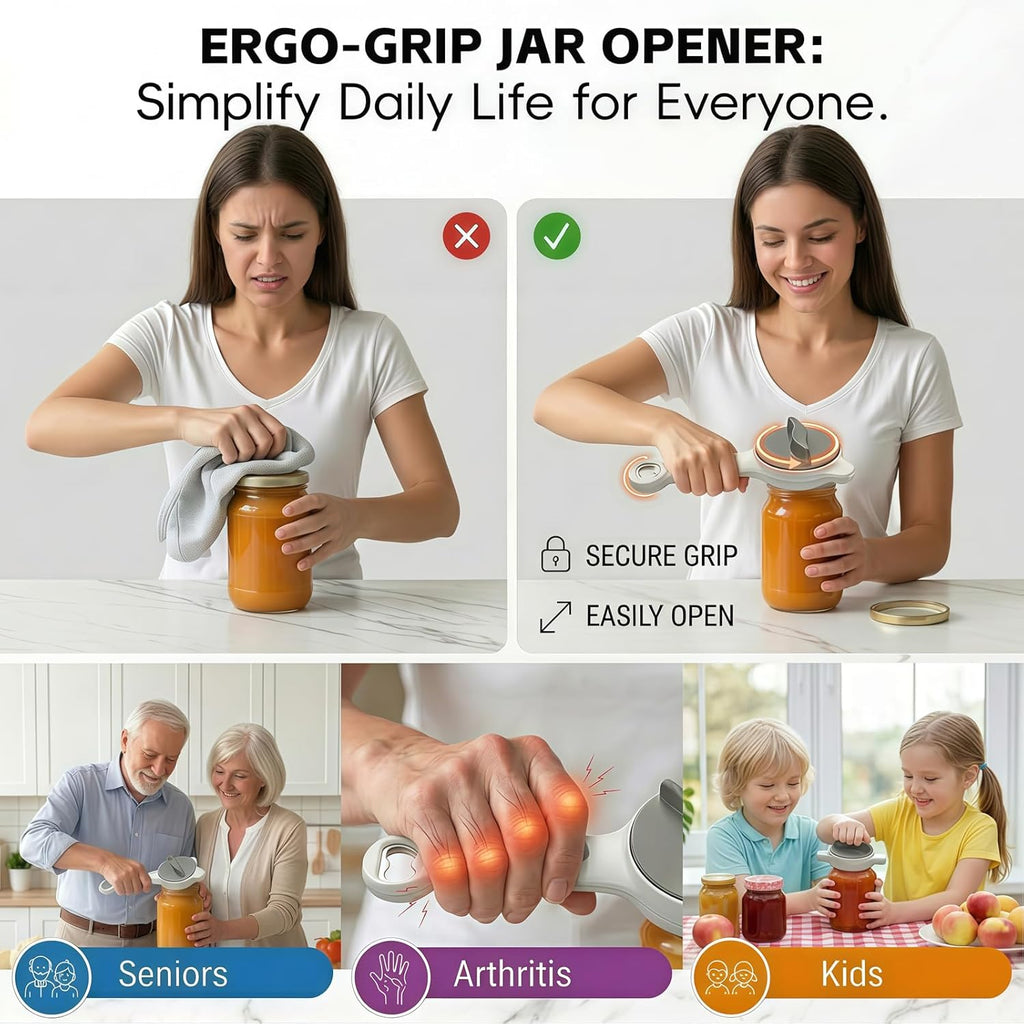 4-in-1 Adjustable Jar Opener by [Brand Name] - Ergonomic Non-Slip Handle for Seniors | Multi-Size Lid Remover (Grey)