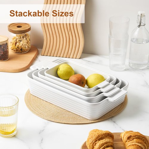 Jassceram Casserole Dishes for Oven, Porcelain Baking Dishes Set of 4, Rectangular Ceramic Casserole Dish with Handles, Deep Lasagna Pan for Kitchen Baking, 9.6" to 15.2", Nesting Design, White