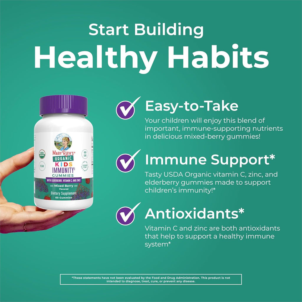 MaryRuth Organics Kids Immune Support Gummies - USDA Organic Vitamin C, Zinc & Elderberry | Vegan, Non-GMO, Gluten Free | 60 Count
