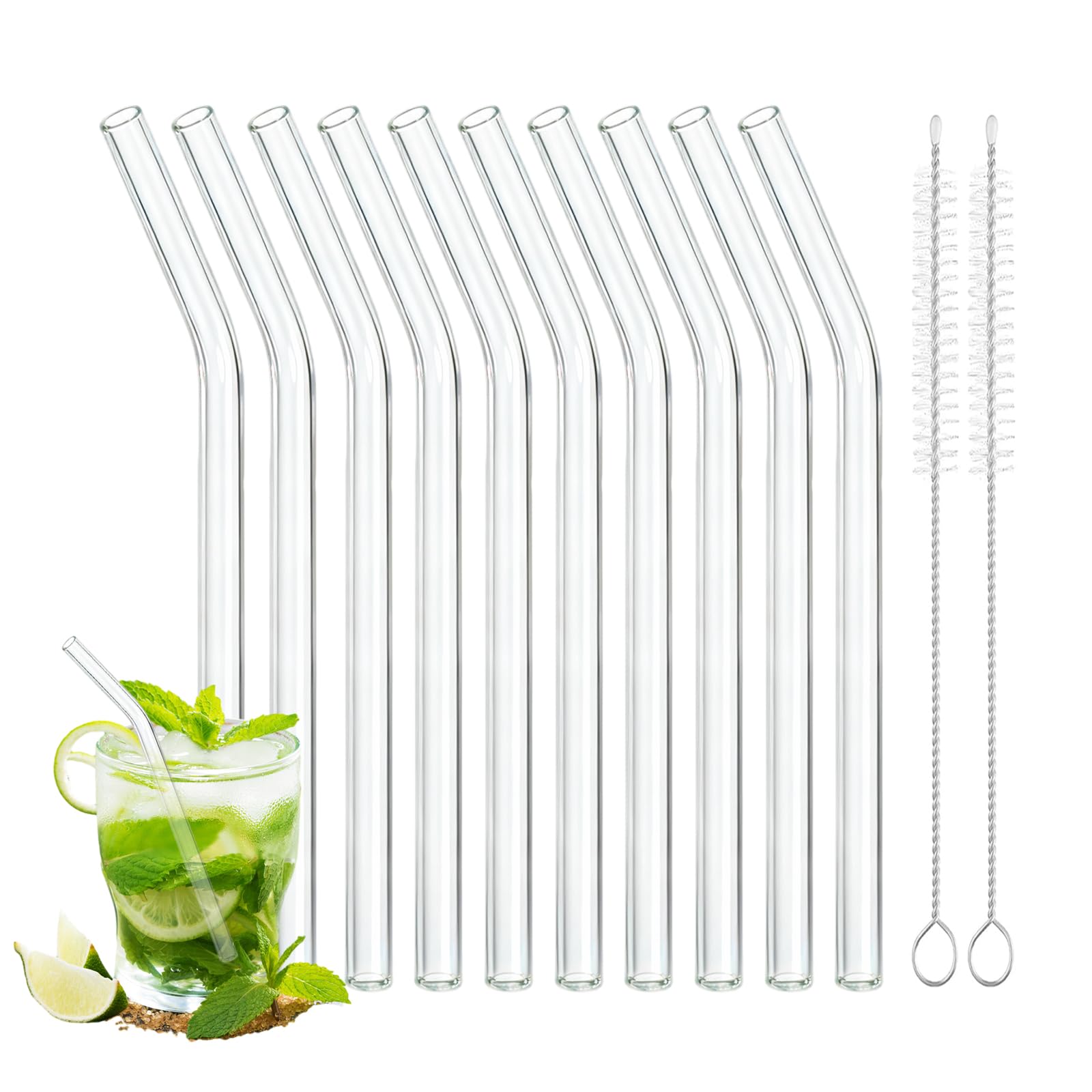 10 Pcs Reusable Bent Glass Straws, 6 in x 8 mm Clear Short Reusable Drinking Straws with 2Pcs Cleaning Brush, Bent Glass Straws Short for Coffee, Whiskey, Beverages, Juices, Dishwasher Safe