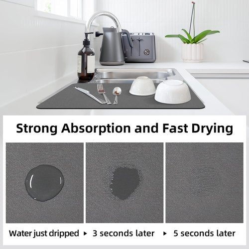 LOPNUR Dish Drying Mat - Super Absorbent Diatomite Kitchen Pad | 18"x16" Heat Resistant, Grey
