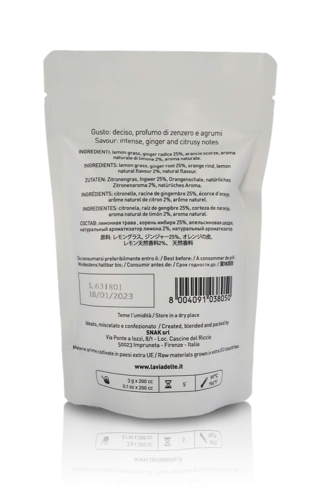 La Via del Te Herbal Tea Ginger Lemon, Revitalizing Herbal Tea with Lemongrass & Ginger, Pouch, 40g / 1.41oz (Pack of 2 Pieces)