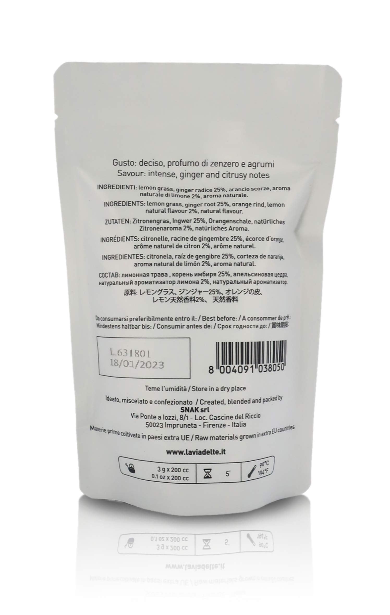 La Via del Te Herbal Tea Ginger Lemon, Revitalizing Herbal Tea with Lemongrass & Ginger, Pouch, 40g / 1.41oz (Pack of 2 Pieces)