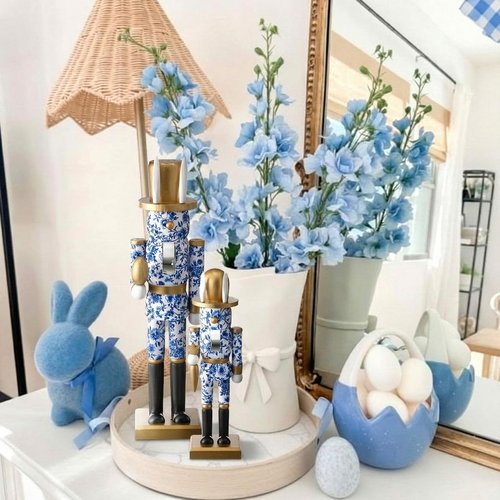 Weysat 2 Pcs Easter Nutcracker Figure Blue and White Bunny Wooden Nutcracker Figure Chinoiserie Easte Ornament for Festival Party Gift Shelf Table Desktop Fireplace Decor 10inch, 15inch
