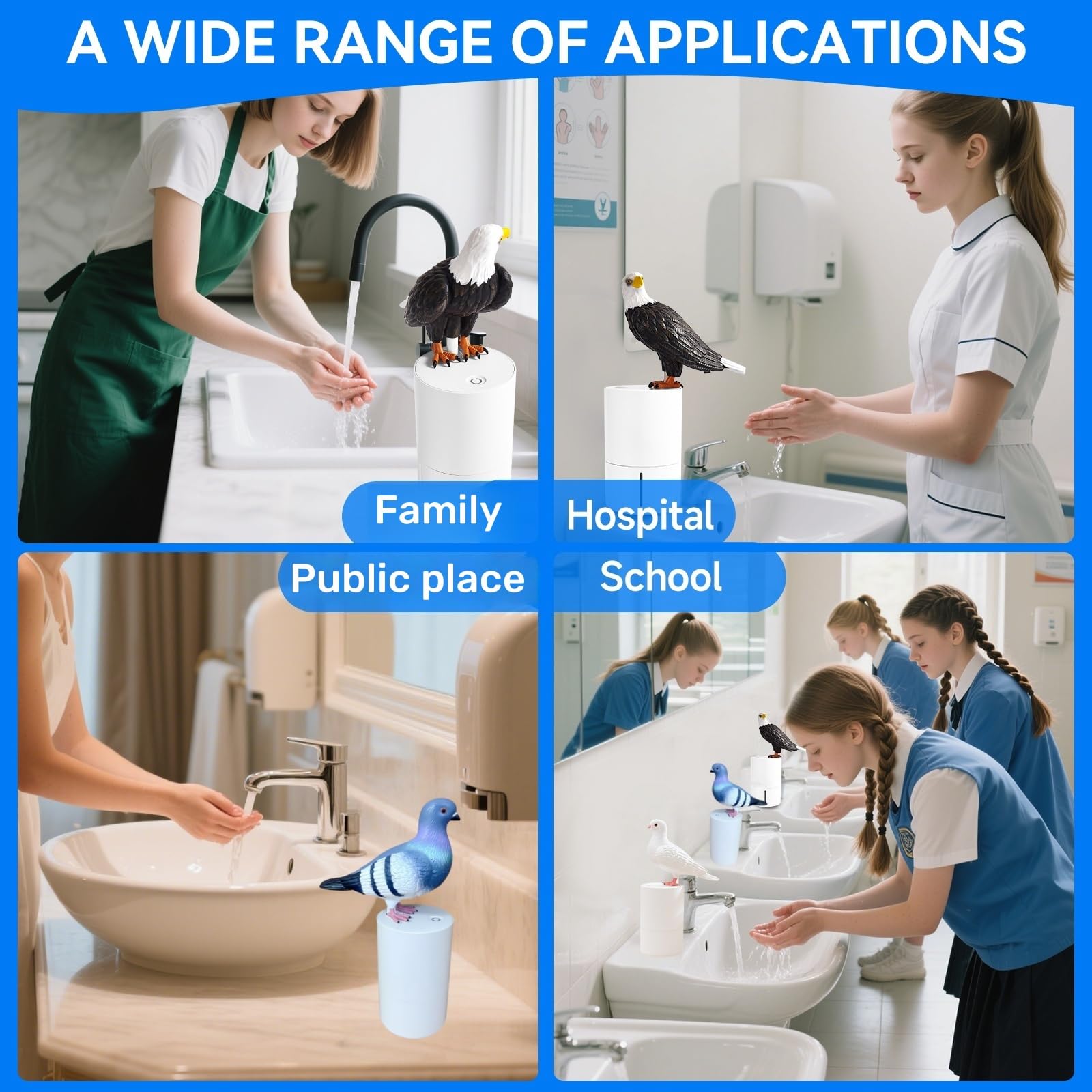 Peace Bird Foam Soap Dispenser-Pigeon and Bald Eagle Shaped Foam Hand Washer, Suitable for Kitchen and Bathroom, Automatic Liquid Soap Dispenser, Touchless Battery Powered Hand Washer (Bald Eagle)