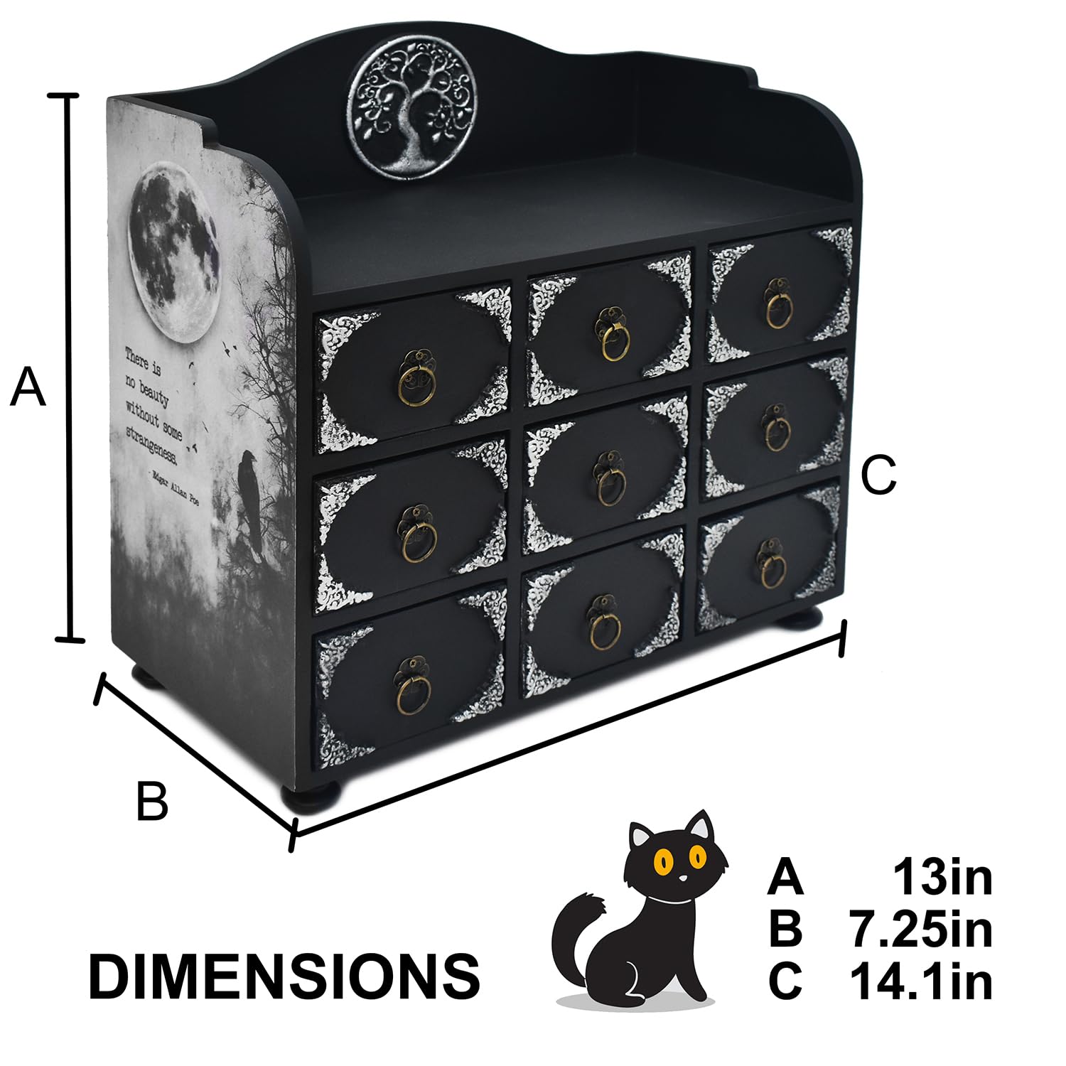 IRISVITA Black Rustic Gothic Jewelry Box With 9 Drawers, Edgar Allan Poe Poems Cabinet of Curiosites, Gothic Decor, Gift for Poetry/Goth Fans