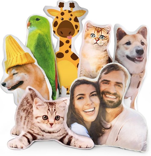 Custom Pet Pillow with Picture, Personalized Photo Dog Cat Face Shaped Pillow, Customized Stuffed Animal Pictures Pillows Memorial Loss Sympathy Gifts - 14"