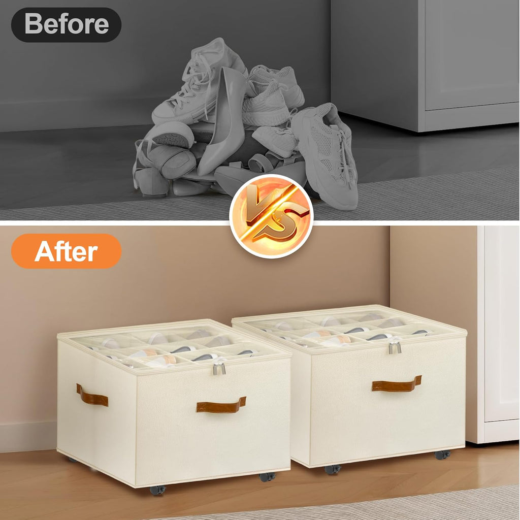 Skiennix Shoe Organizer - 2 Pack Stackable Storage Box with Wheels & Adjustable Dividers | Fits 16-32 Pairs, Beige