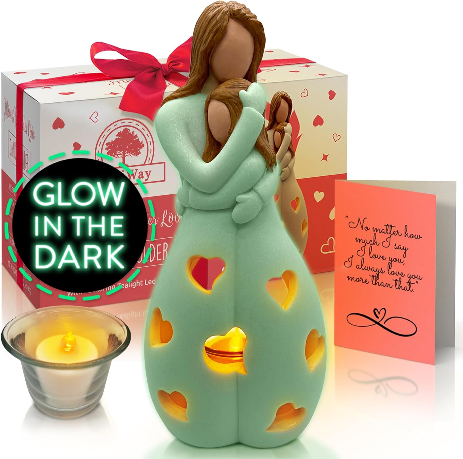 Mother-Daughter Candle Holder Statue - Glow in The Dark with Flickering LED | Hand-Painted Gift for Mother's Day, Christmas, Birthday