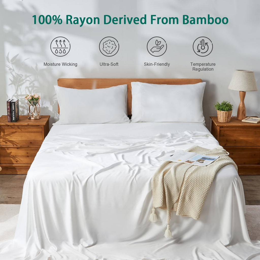 KUSNUG 100% Rayon Derived from Bamboo Sheets King Size, Organically Growth, Silky Soft & Cooling Sheet Set, 4 Piece (1 Fitted Sheet, 1 Flat Sheet and 2 Pillowcases) White Bedding Set with Deep Pocket