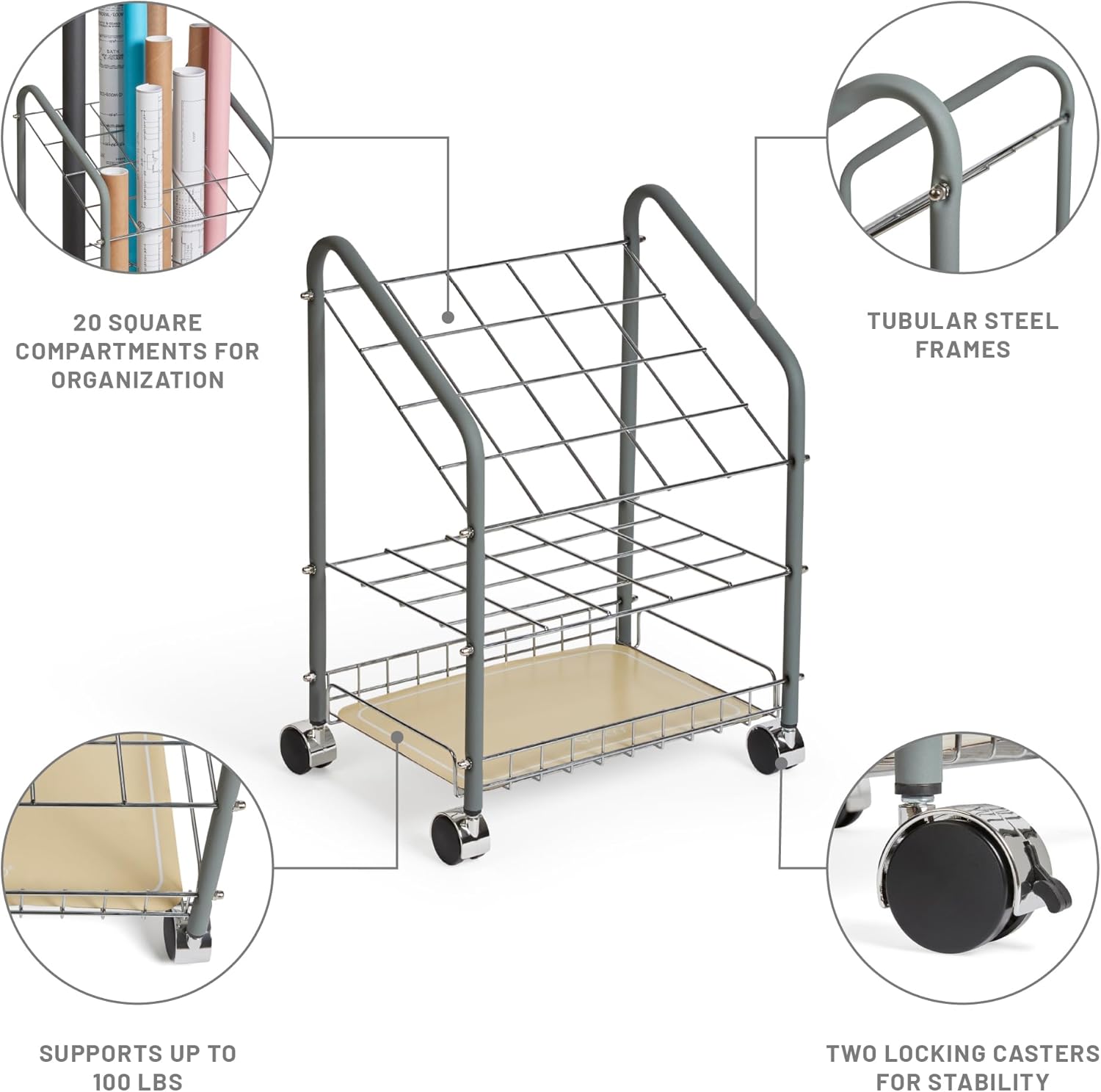 Safco Tubular Steel Wire Roll File Cart - 20 Compartment Rolling Organizer for Documents & Blueprints