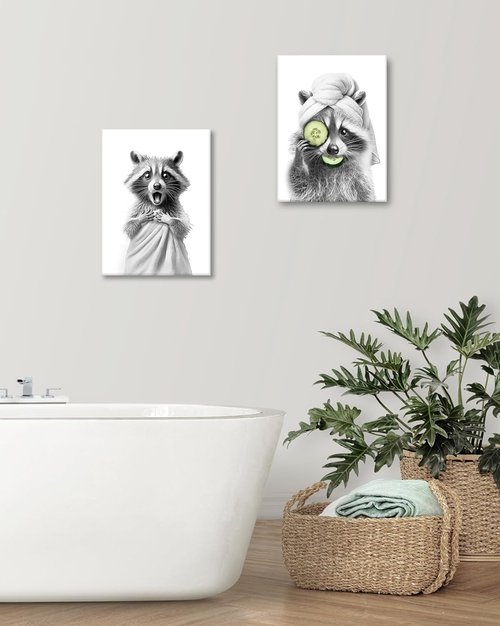 HesenDot Raccoon Wall Art - Funny Black and White Canvas Print for Bathroom | 12x16in Decor