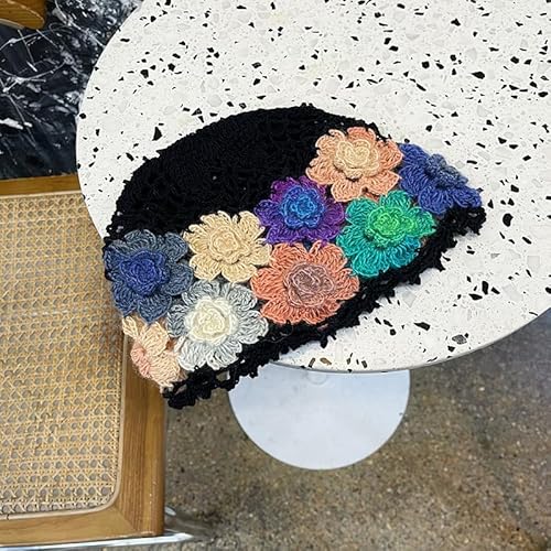 1Pcs Flower Crochet Vintage Beanie Hollow Hat Breathable Knitted Skull Hat Lightweight Elastic Knit Hats for Women (Flower Color Random) Multi