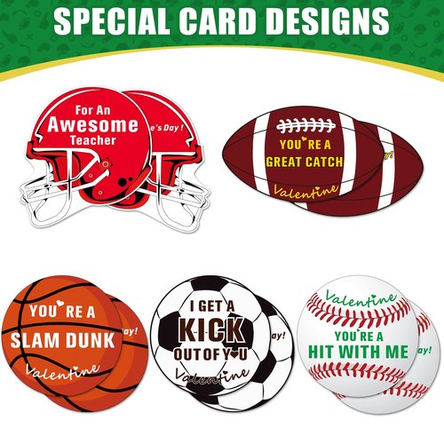 Gloween Valentines Day Boxes and Cards for Kids Classroom School Exchange, Great Valentines Gifts Party Favor Set for Boys Girls - 1 Football Box, 32 Sport Theme Valentine Cards, 1 Teacher Card