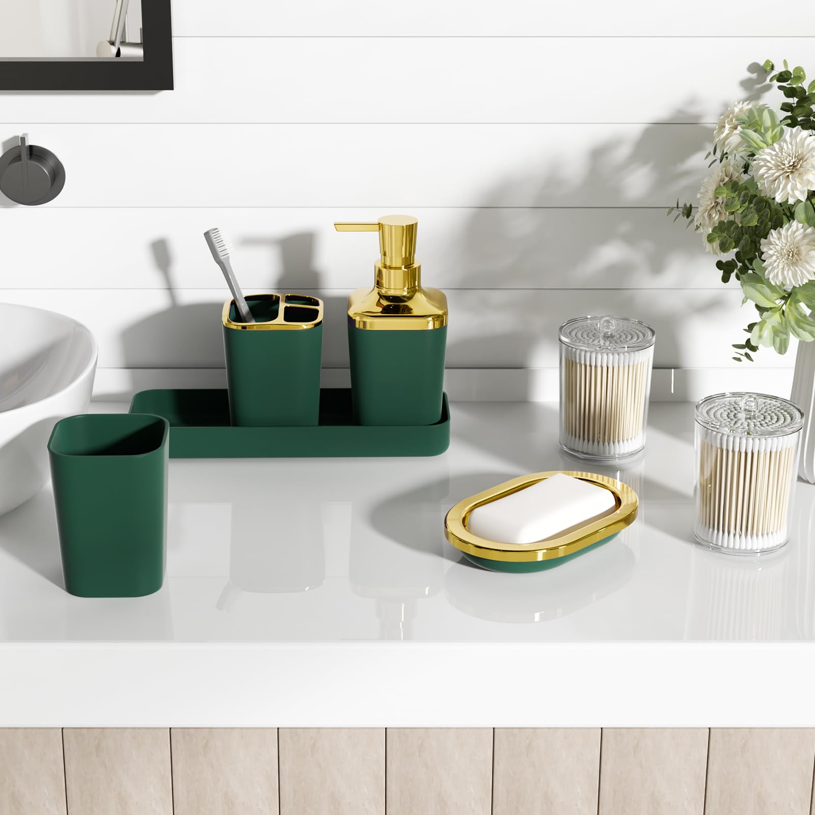 XLHOMO Bathroom Set - Dark Green Bathroom Sets with Shower Curtain and Rugs, 24PCS Shower Curtain Set with Hooks, Soap Dispenser, Soap Dish, Toilet Brush Holder and Trash Can for Housewarming