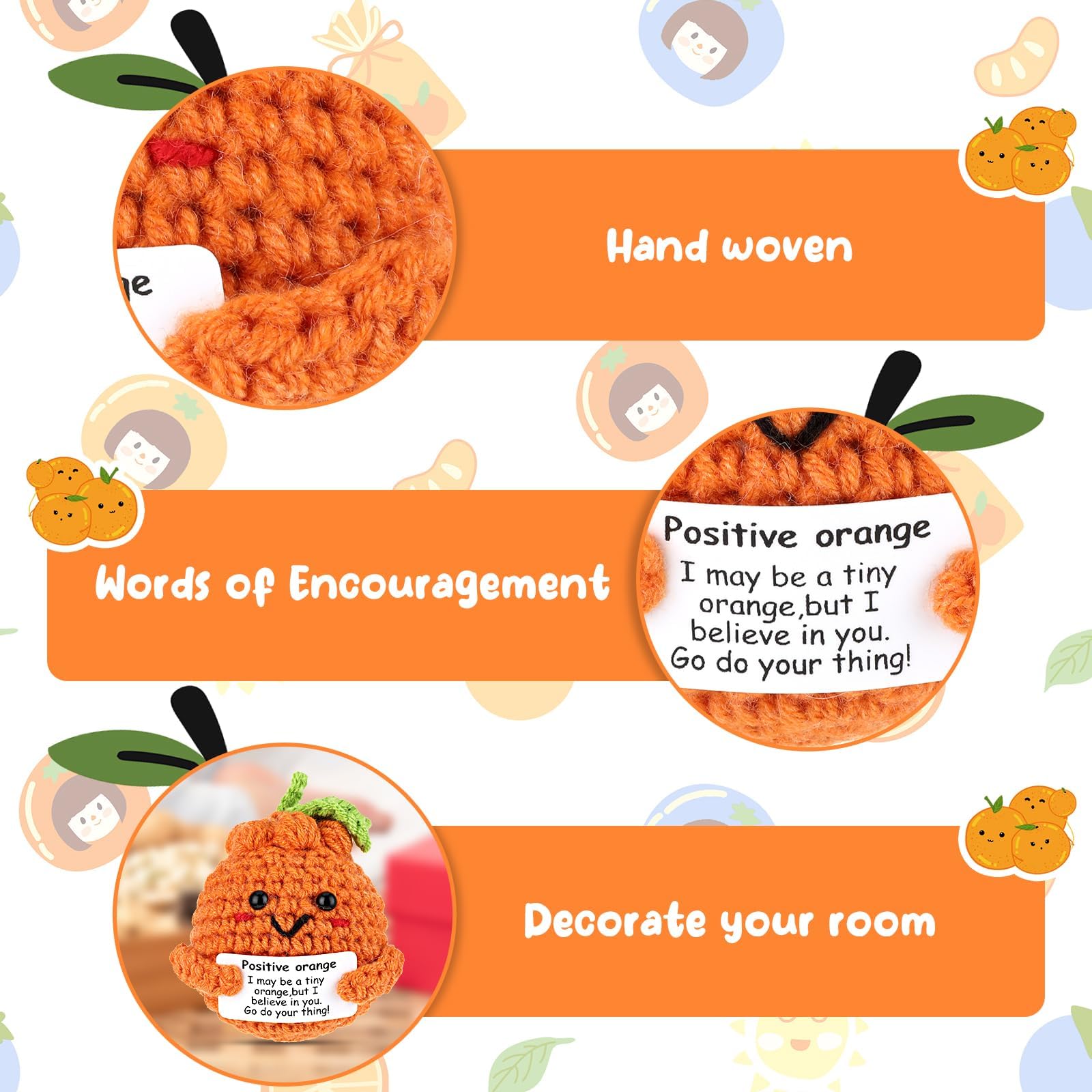 YarnJoy Positive Energy Crochet Orange Gift with Inspiring Affirmation Card Fun Emotional Support Present for Women and Men Perfect Birthday and Office Desk Decor