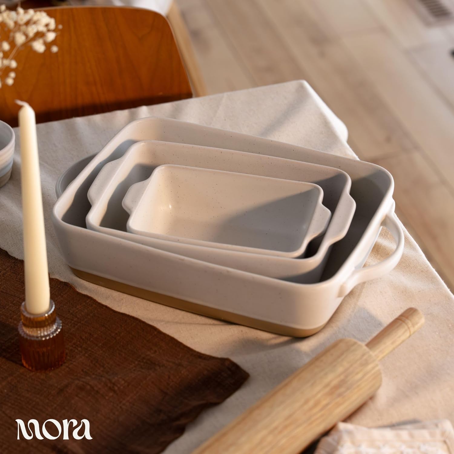 Mora Ceramic Baking Dish - Extra Deep 9x13 in Casserole Pan with Handles | Oven to Table Porcelain Bakeware - Oat