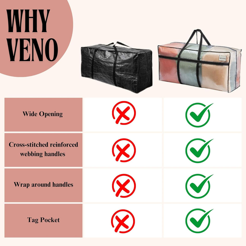 VENO Extra Large Heavy Duty Moving Bags - Ideal Storage Solution for College & Holiday Items | Clear, 1 Pack