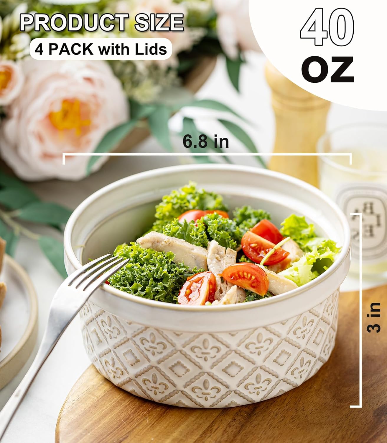 Ramekins 40 Oz Ceramic Airtight Bowls Set of 4 - Large Mixing Bowls with Lids for Salad, Soup & Baking - Beige